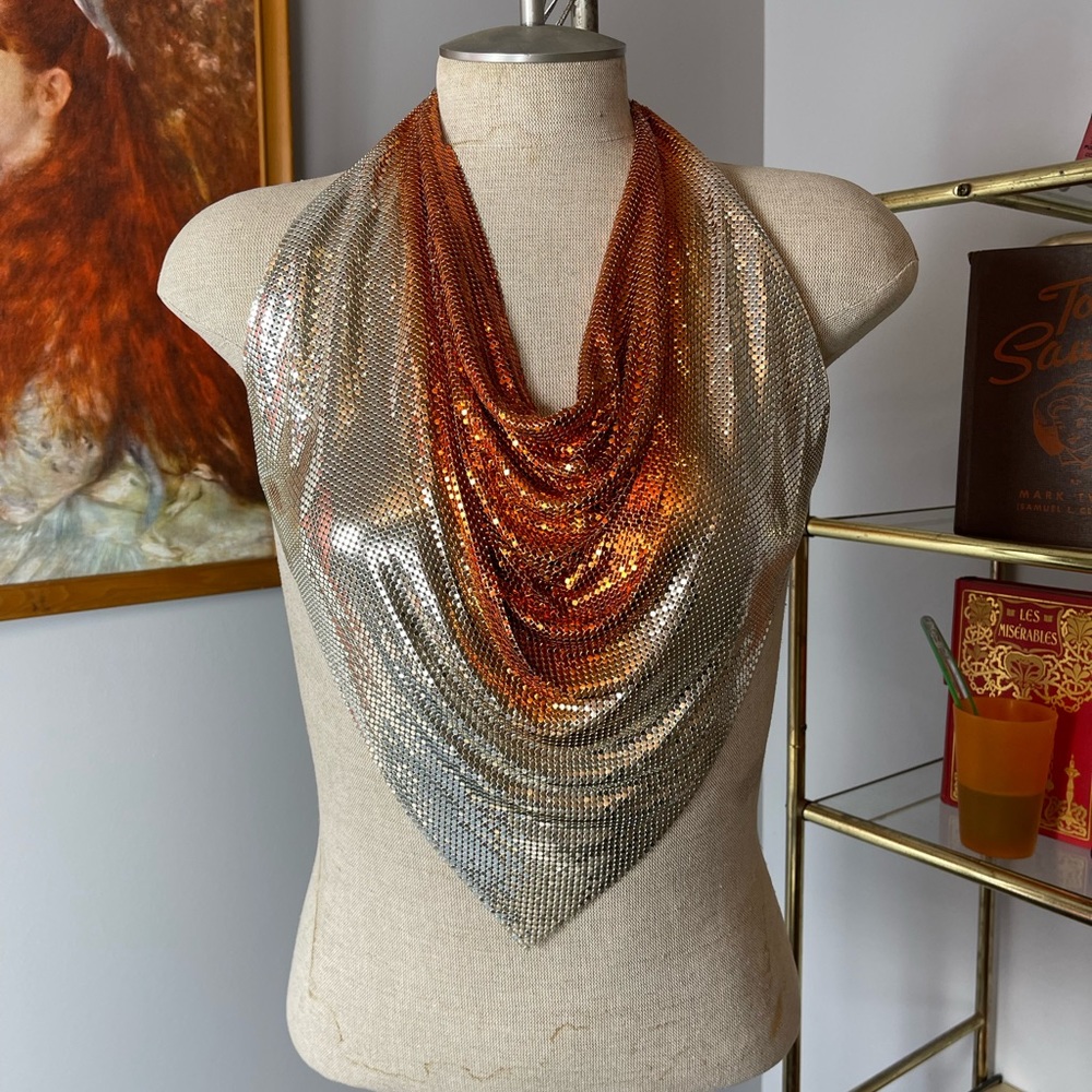 Vintage 70's Whiting & Davis Orange And Silver Metal Halter Top Disco Chain Mail
